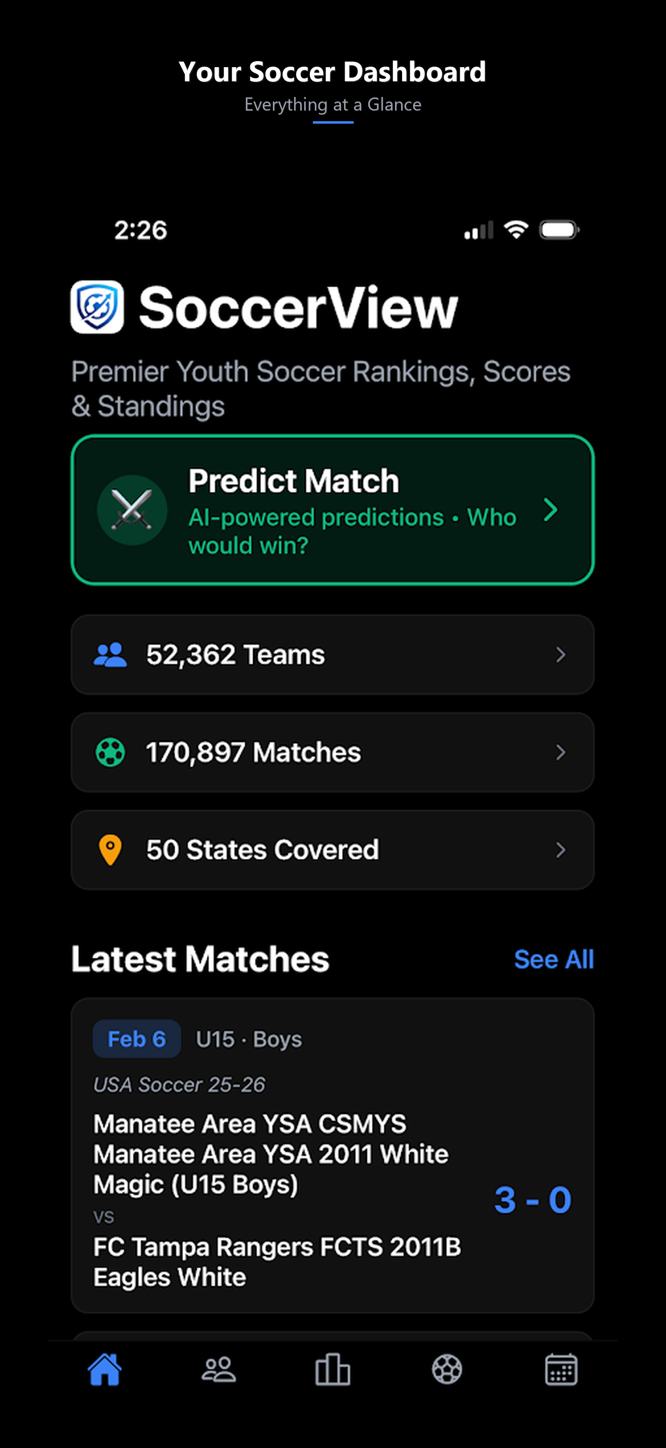 SoccerView home screen showing team counts and latest matches